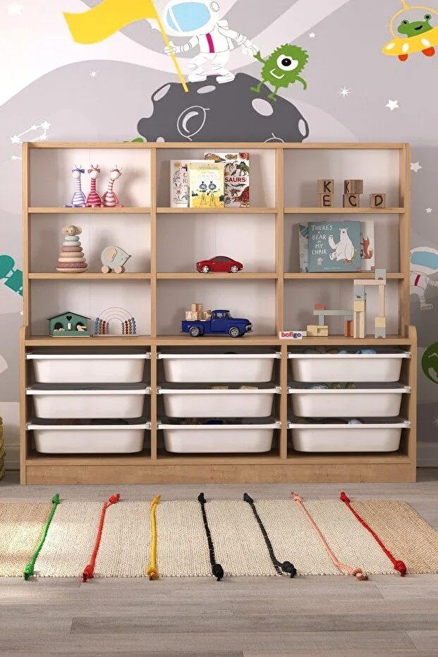 Almina 9 Sepetli 9 Raflı Dolap Çok Amaçlı Dolap Oyuncak Dolabı Almina Beyaz